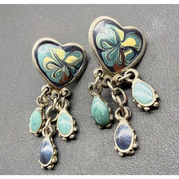 None Jewelry - Heart-Shaped Dangle Earrings With Multicolor Enamel Design & Teardrop Charms